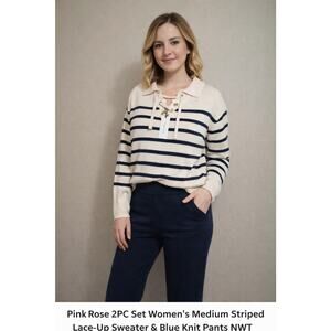 Pink Rose Womens M 2Pc Outfit Set Striped Lace-Up Sweater Blue Knit Pants NWT